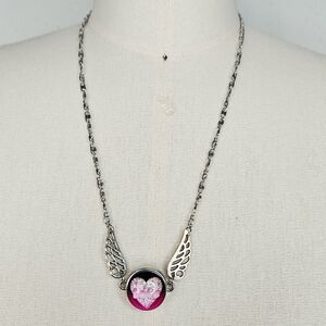Silver Angel Wing Snap Necklace with Pink Flower "LOVE" Heart Enamel Snap